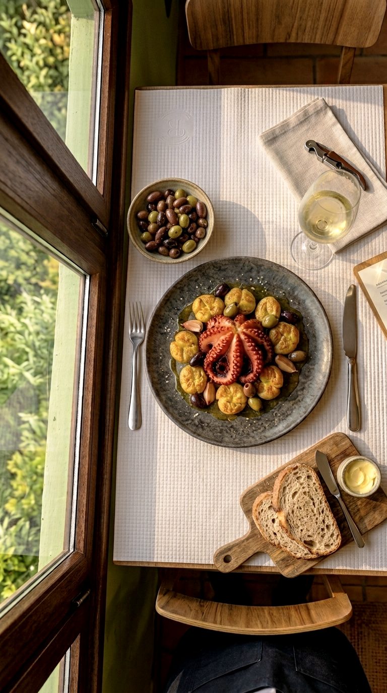 Polvo à lagareiro grelhado com batatas e azeitonas, servido junto à janela com vista para a vegetação da Lage